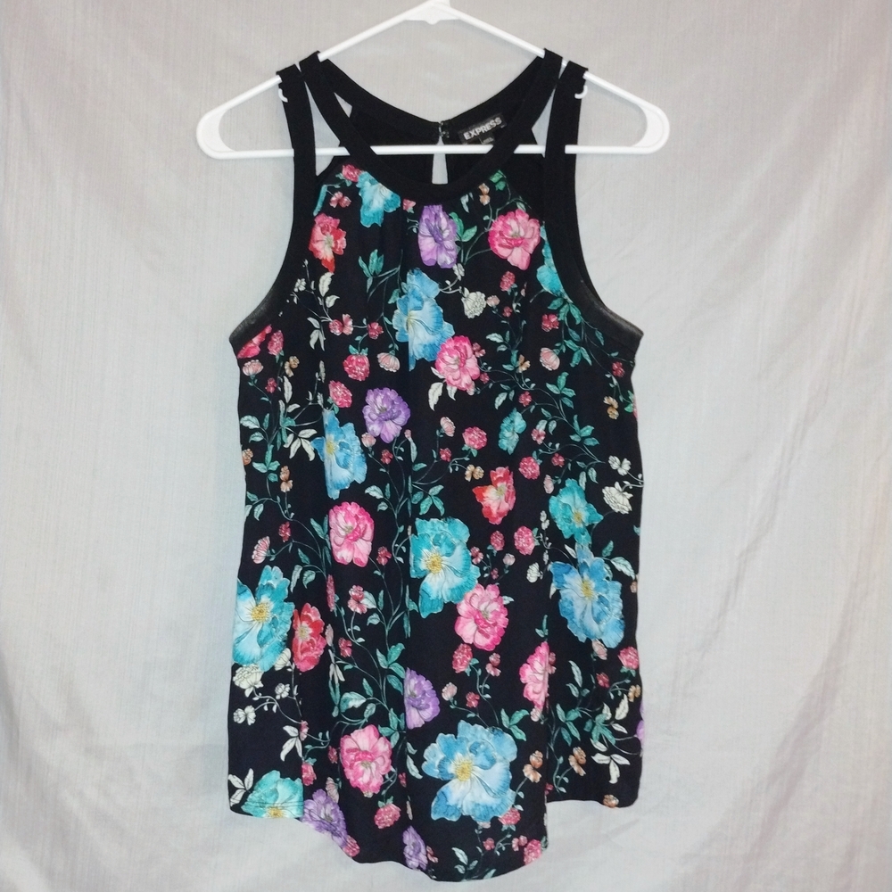 Fun Floral Print Express Tank Top With Styled Sleeves, Cute Back Neck Size M